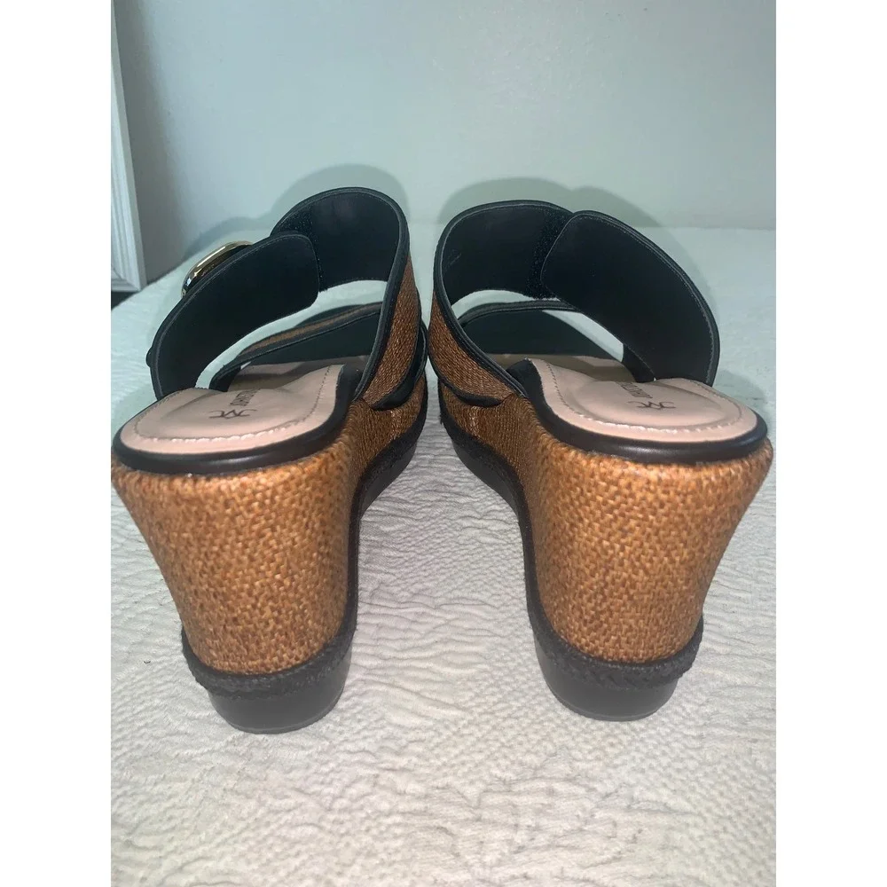 Johnston & Murphy Addison Buckle Platform Wedge Slide Sandals Cognac Raffia 10M